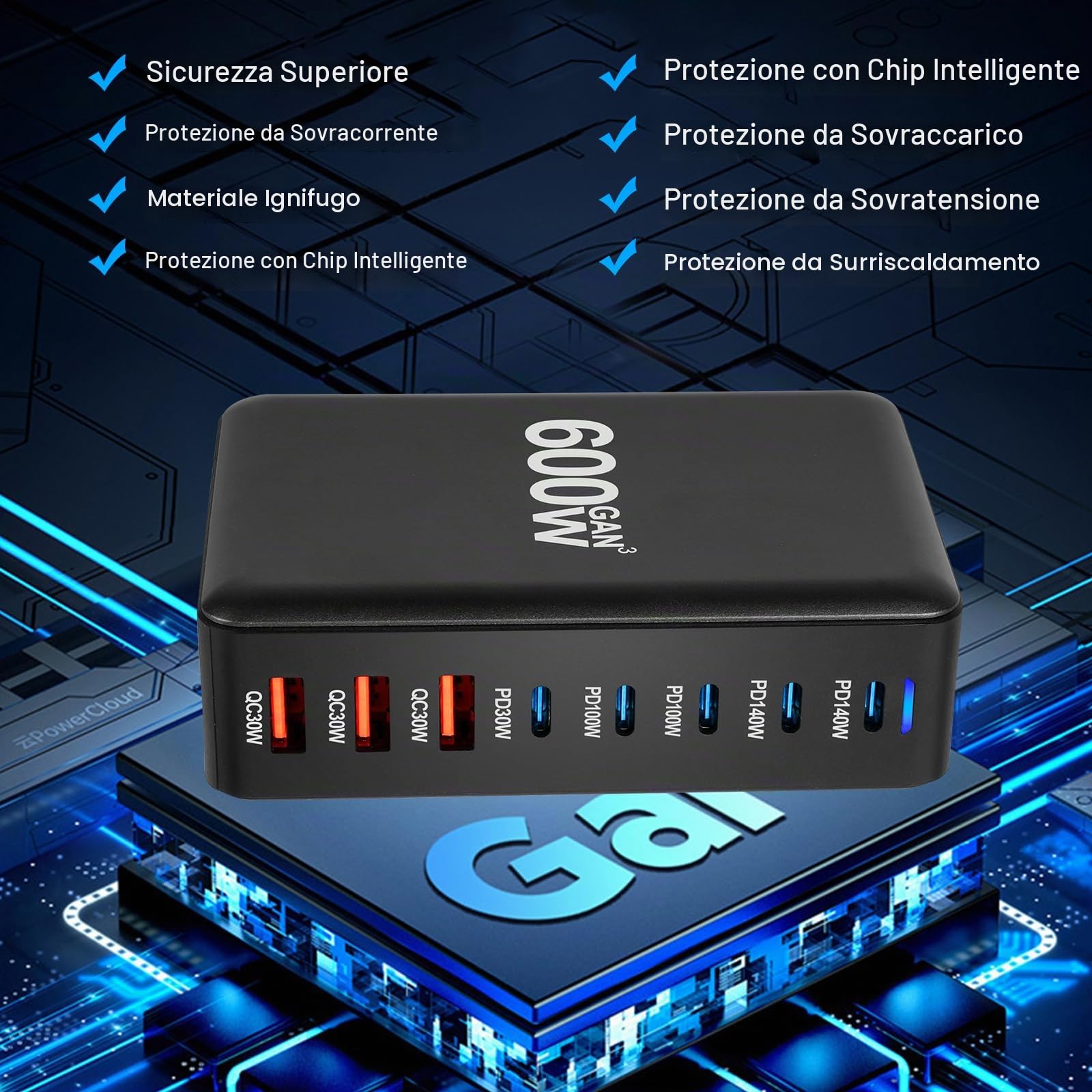 AXFEE 600W Caricatore USB C Multiplo, 8Port GaN III Alimentatore USB C-Nero | QC 30W PD 140W/100W/30W Laptop Caricabatterie Ricarica Rapido, per MacBook Air/Pro Laptop iPhone iPad SteamDeck