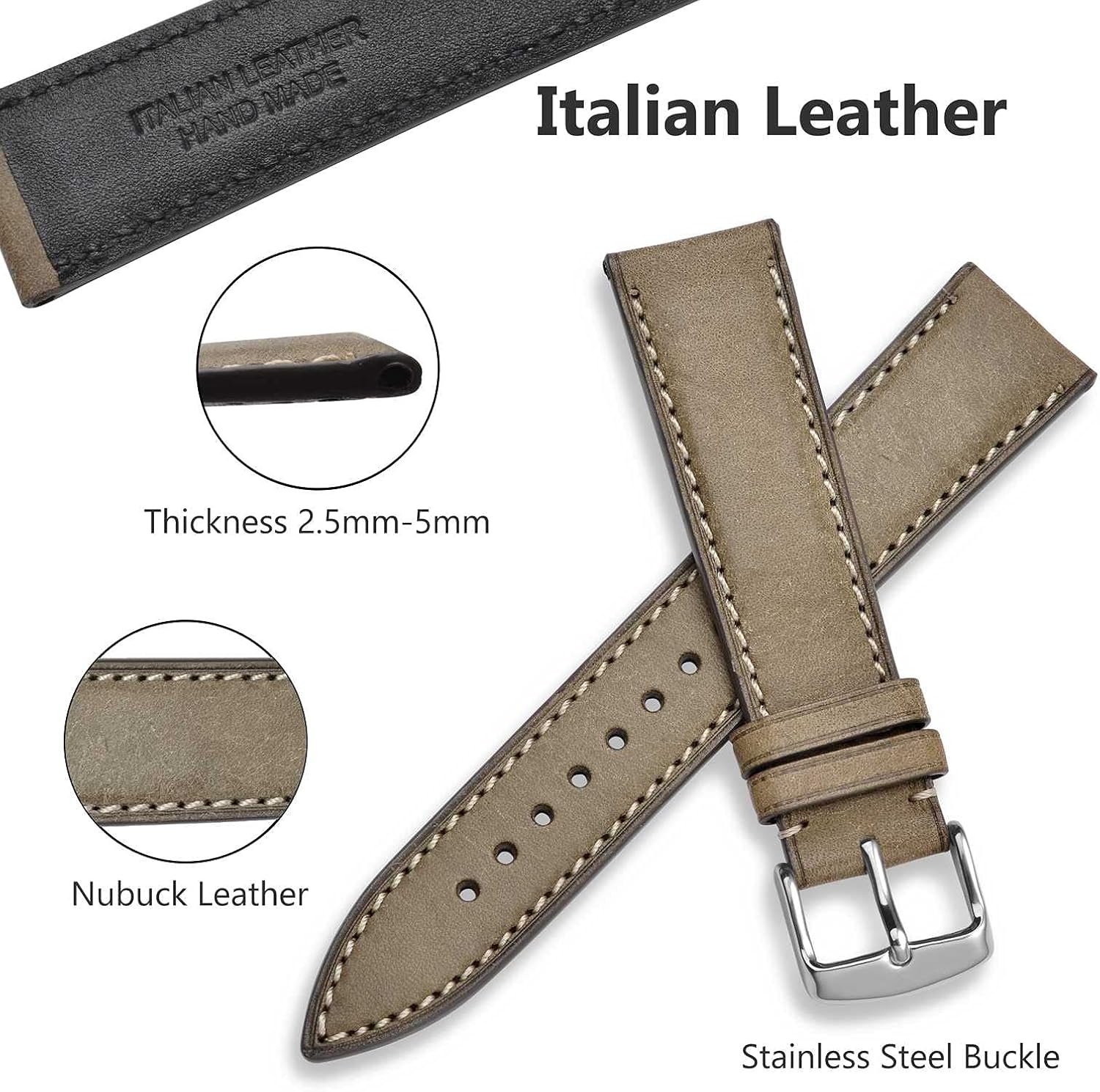 WOCCI 20mm Nubuck Leather Watch Band with Silver Stainless Steel Buckle, Replacement Strap (Olive Green)