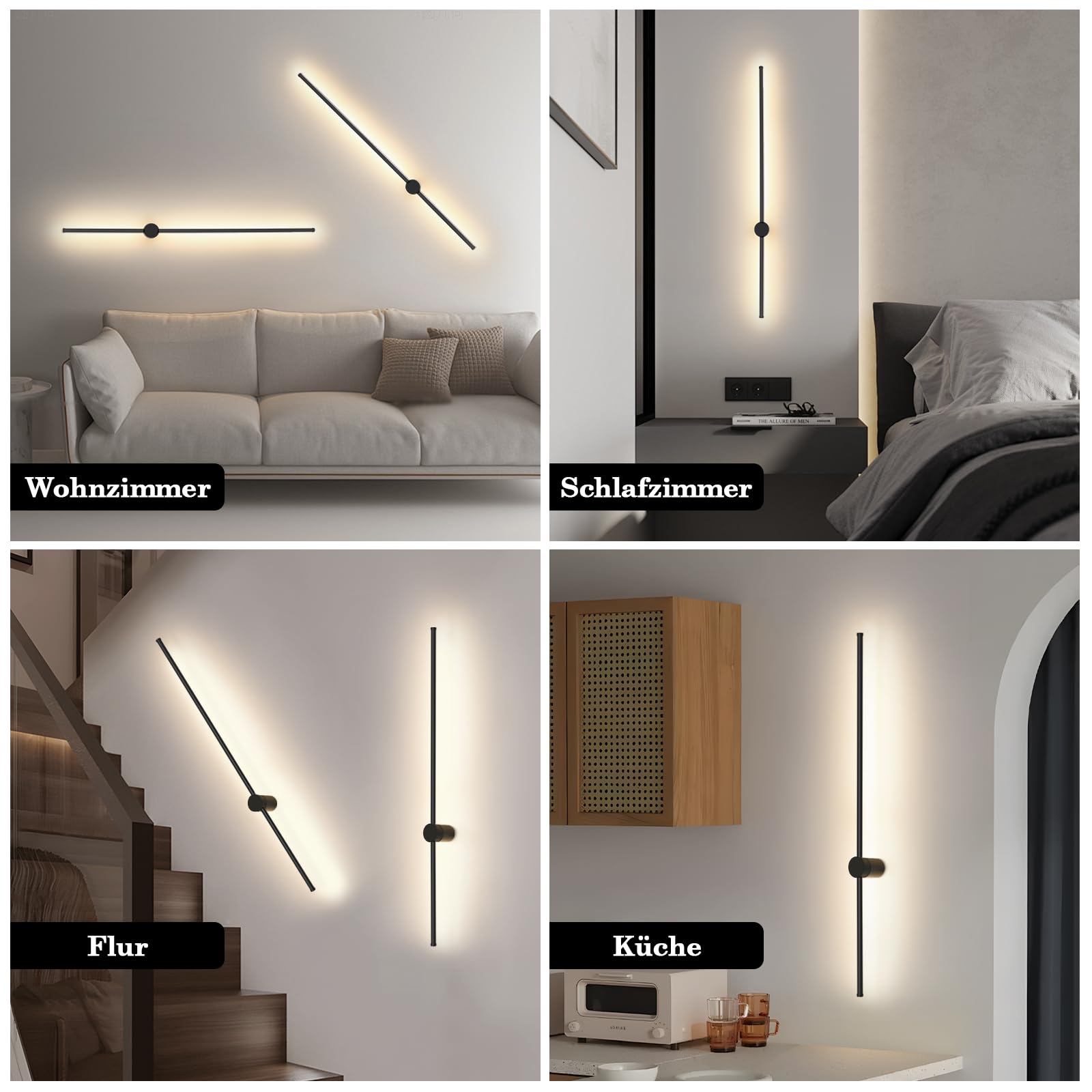 ZMH Lampada da parete a LED per interni - Lampada da corridoio nera lunga 100 cm, design moderno, lampada da camera da letto, bianco caldo 3000K, lampada da cucina per corridoio, letto