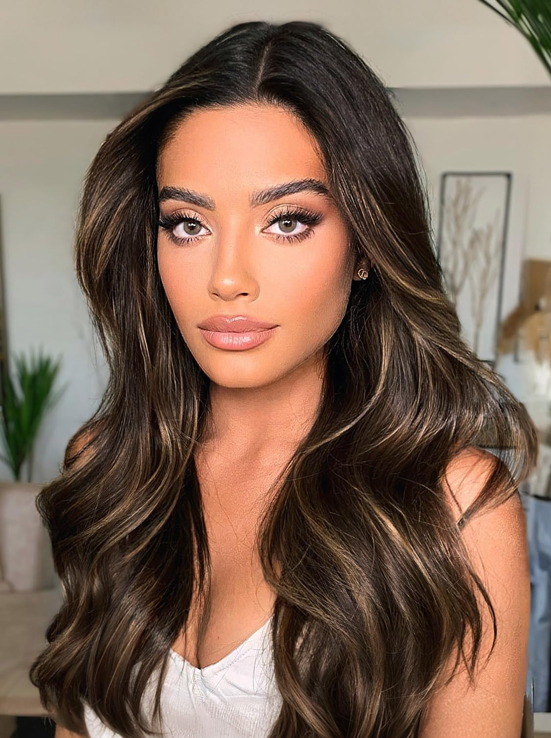 Nnzes Wigs with Bangs for Women Long Wavy Women's Charming Synthetic Wigs with Curtain Bangs Natural Wavy Brown Mixed Blonde Wig Heat Resistant Hair