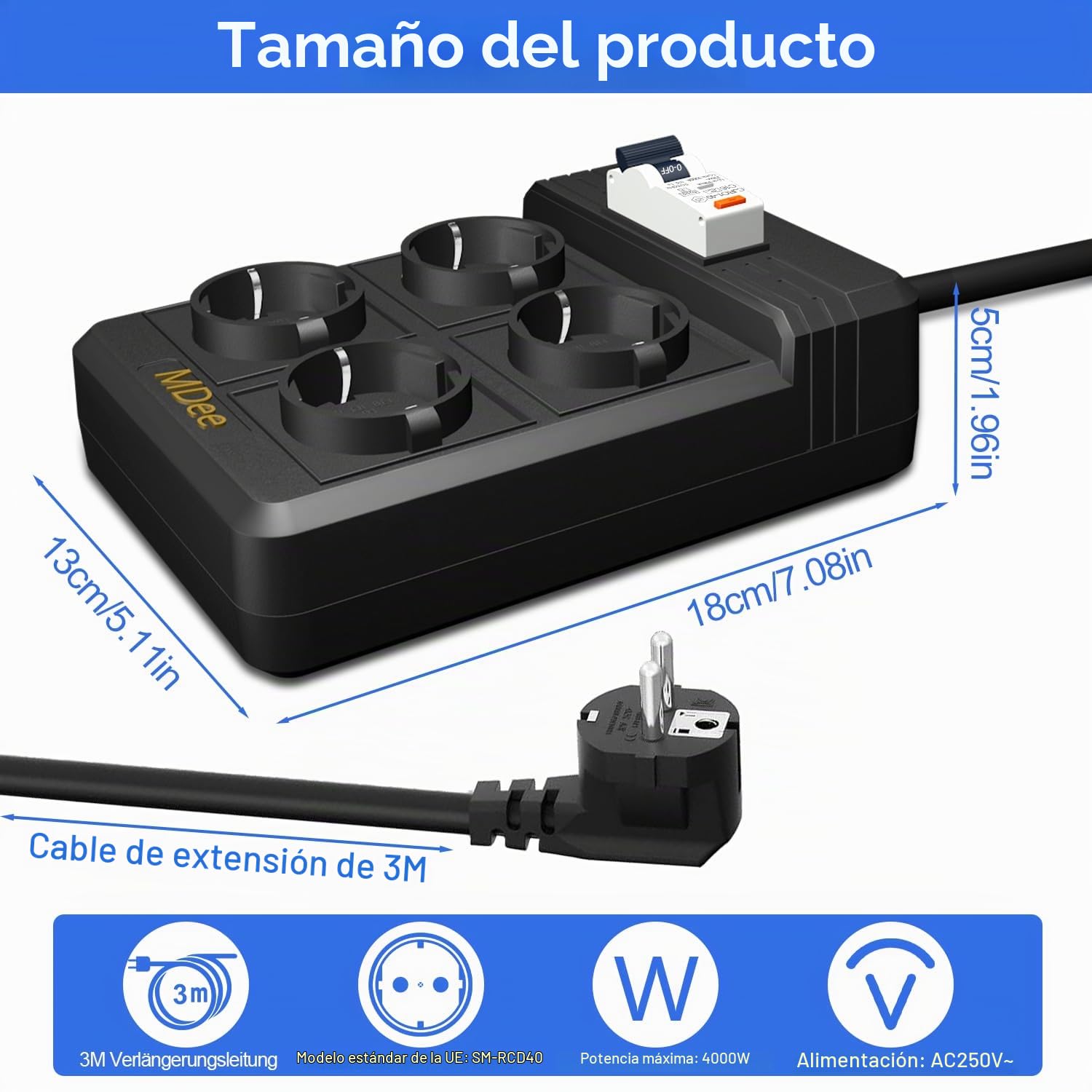 MDee RCD Regleta de enchufes con Interruptor diferencial, Proteccion Sobretension con 4 Toma de Corriente(4000W/16A), Cable alargador de 3 m, para electrodomésticos, Herramientas y Exteriores