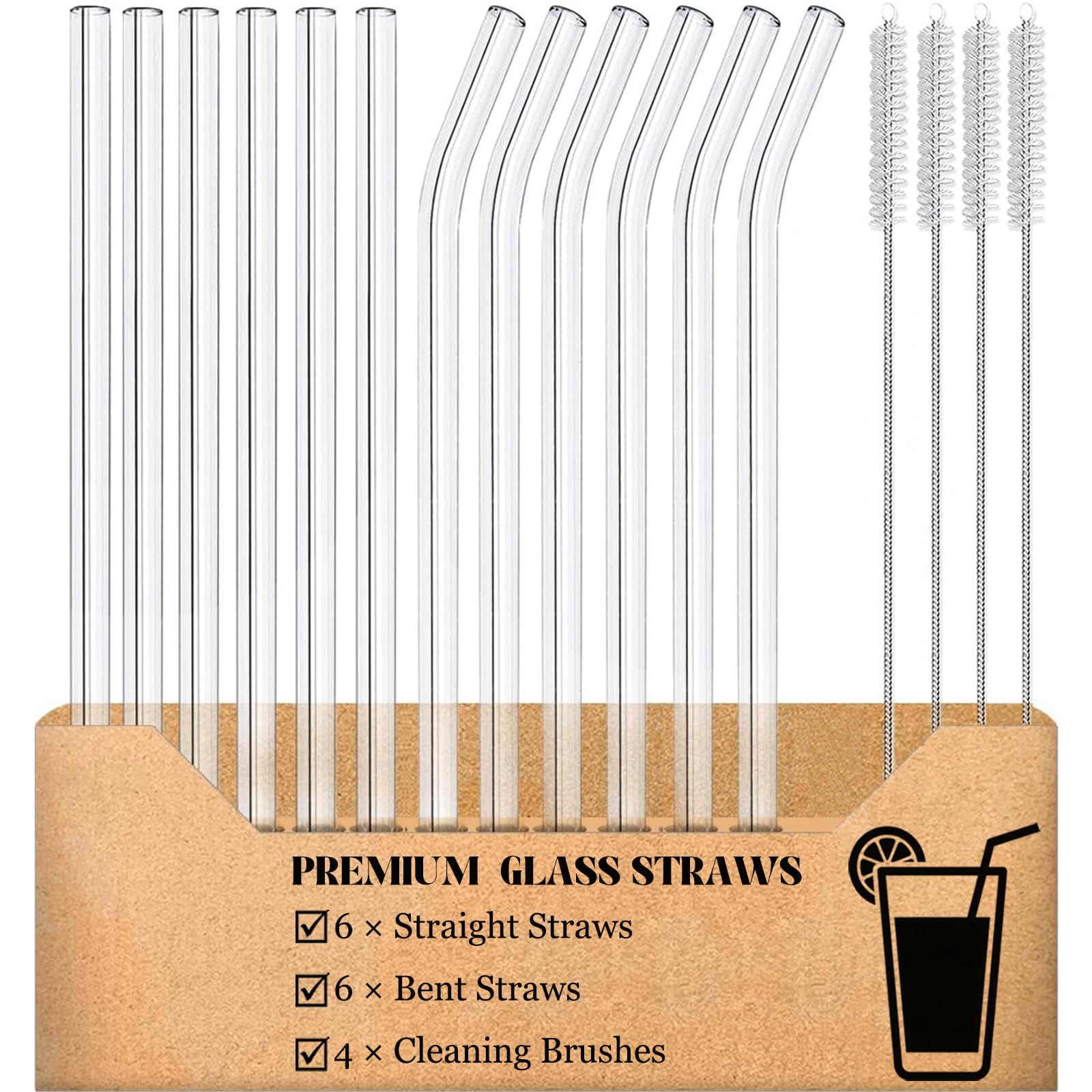 16-Pack Reusable Glass Straws Set, 8.5''x10MM Clear Glass Drinking Straws, 6 Straight and 6 Bent with 4 Cleaning Brush, Perfect for Smoothies, Coffee, Juice, Tea, Milk, Cocktails