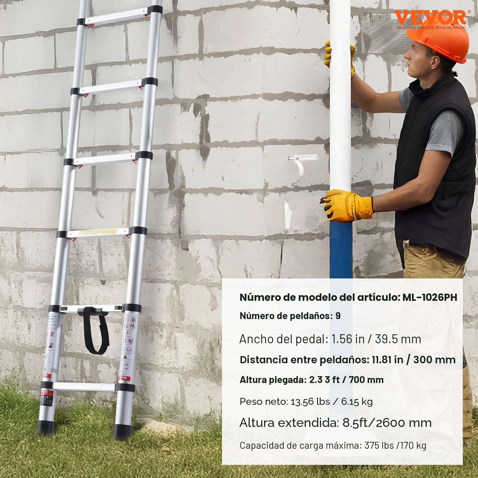 VEVOR Escalera Telescópica, Escalera Extensible Liviana Plegable de Aluminio con Retracción de un Botón, Capacidad de 170 kg con Pies Antideslizantes, para el Hogar, RV, Loft, 457 x 83 x 705 mm