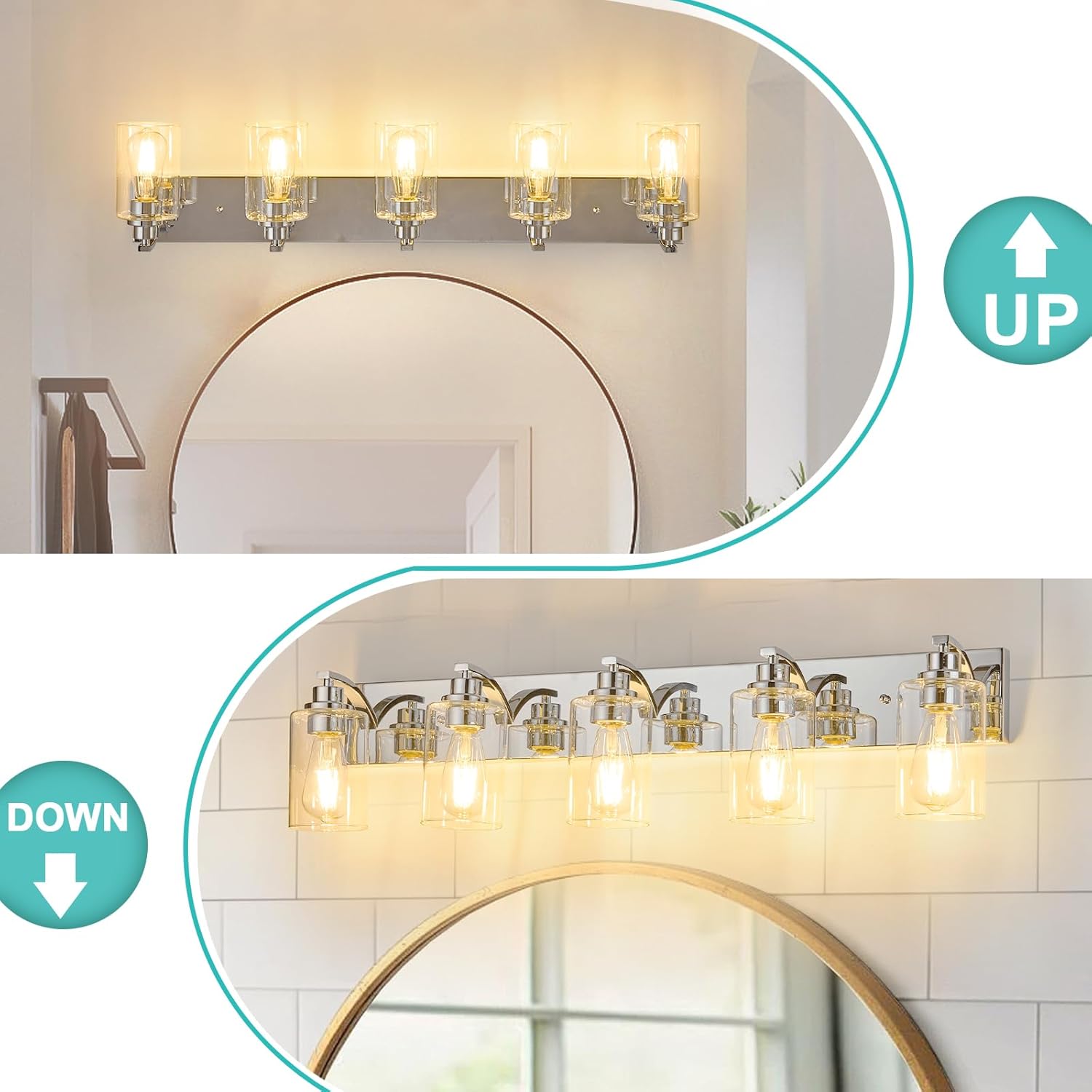 5-Light Bathroom Light Fixtures Modern Chrome Vanity Lights for Bathroom Lighting Fixtures Over Mirror with Clear Glass Shade for Cabinet Mirror Bedroom Hallway