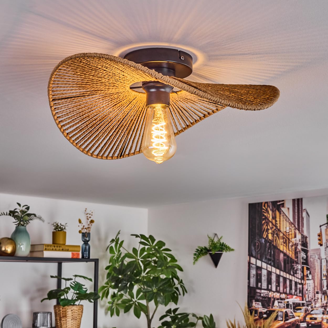 HOFSTEIN Elsa lampa sufitowa, lampa sufitowa wykonana z metalowej/papierowej siatki w kolorach czarnym/naturalnym, stylu boho z efektem świetlnym na suficie, E27, jadalnia, salon, sypialnia