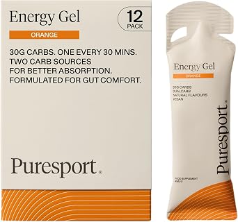 Puresport Fast-Release DualCarb Energy Gels, Orange, 12 Pack | 30g 21 glucose-fructose carbs for marathon, cycling & triathlon, gentle on stomach, informed sport tested