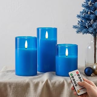 Amagic Blue Glass Flameless LED Candles Battery Operated with Remote Timer