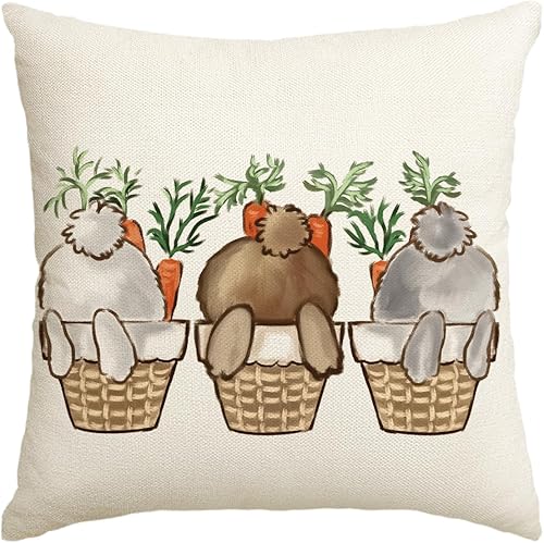 AVOIN colorlife Funda de cojín de conejo de Pascua, zanahoria, cesta de 18 x 18 pulgadas, decoración para sofá