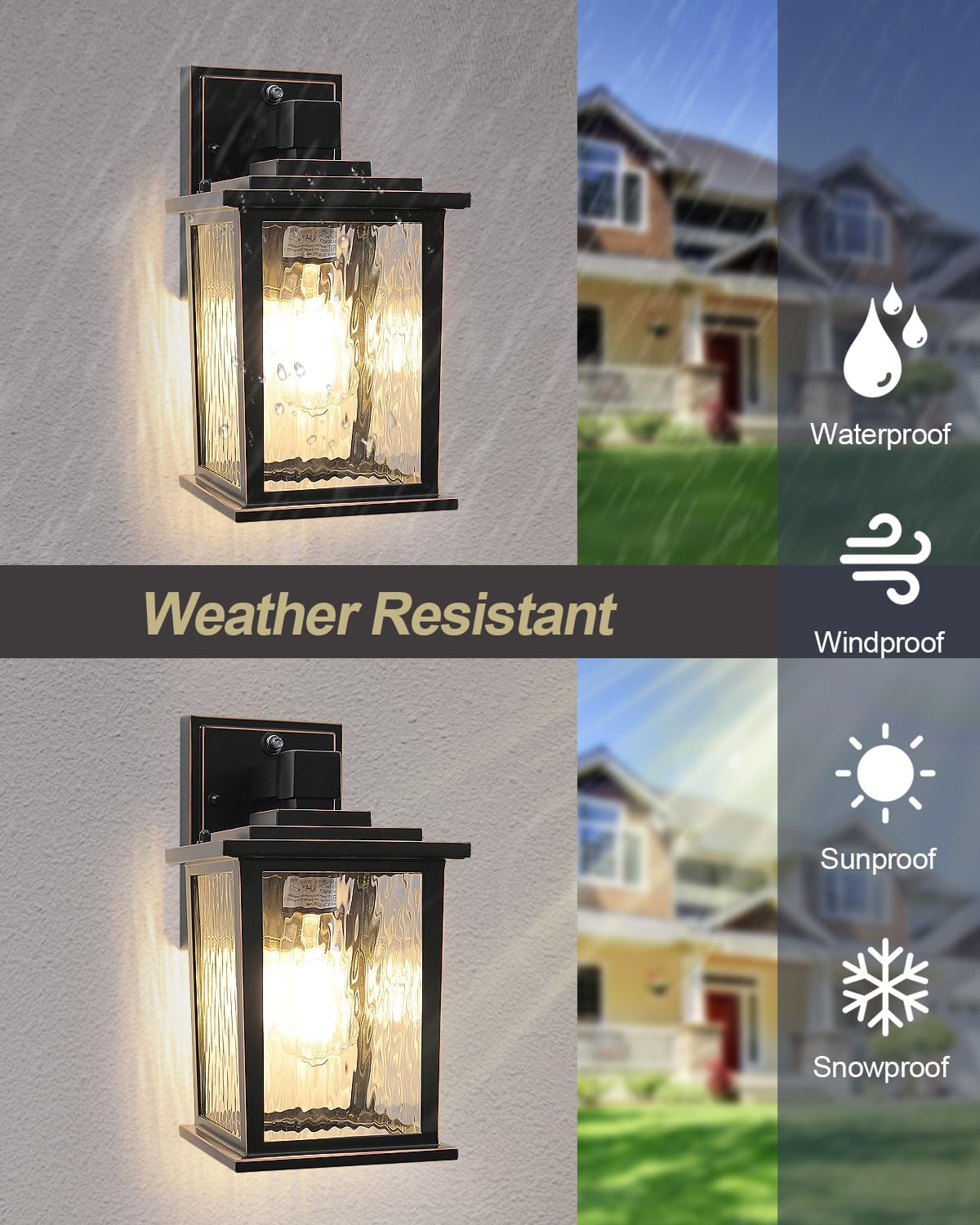 1 Pack Porch Light and 1 Pack Outdoor Post Light, Dusk to Dawn, Hardwired Die-Casting Aluminum, Oil-Rubbed Bronze Finish with Water Ripple Glass, Waterproof and Rustproof, Bulb Not Included