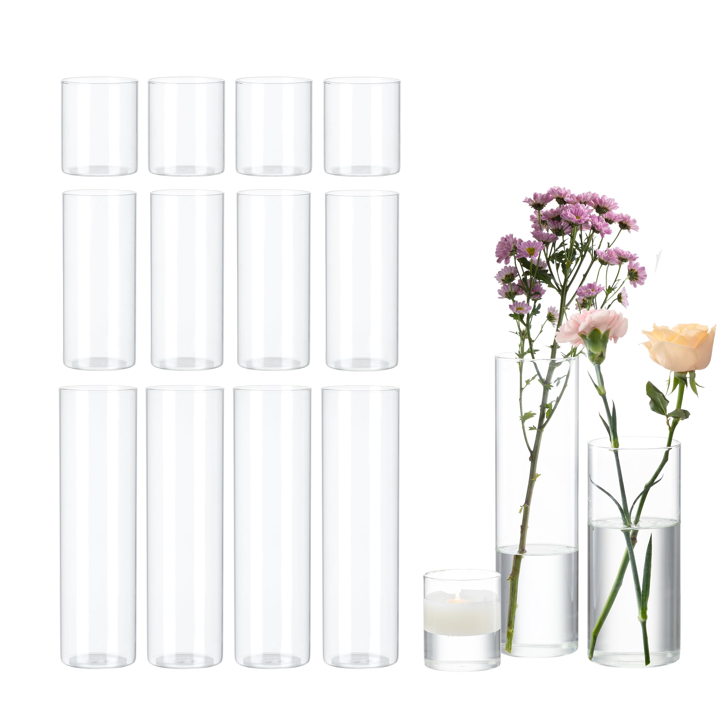 Jelofly 15PCS Clear Glass Cylinder Vases for Centerpieces 4, 8,12 Inch Tall Glass Flower Vase Hurricane Floating Candle Holder for Wedding Decorations Party Event Home Table Decor
