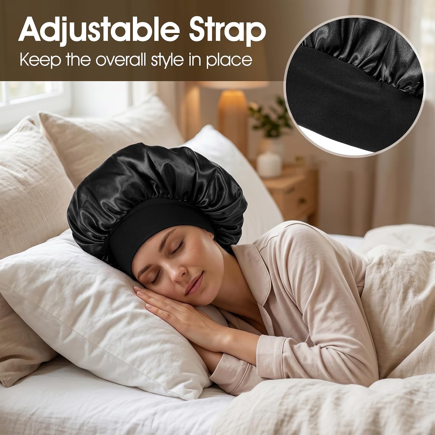 Tyqour Black Silk Bonnet for Men Women, Satin Hair Bonnets for Sleeping, Large Soft Bonnet for Curly Hair Braids, Black Women Sleep Cap with Wide Band