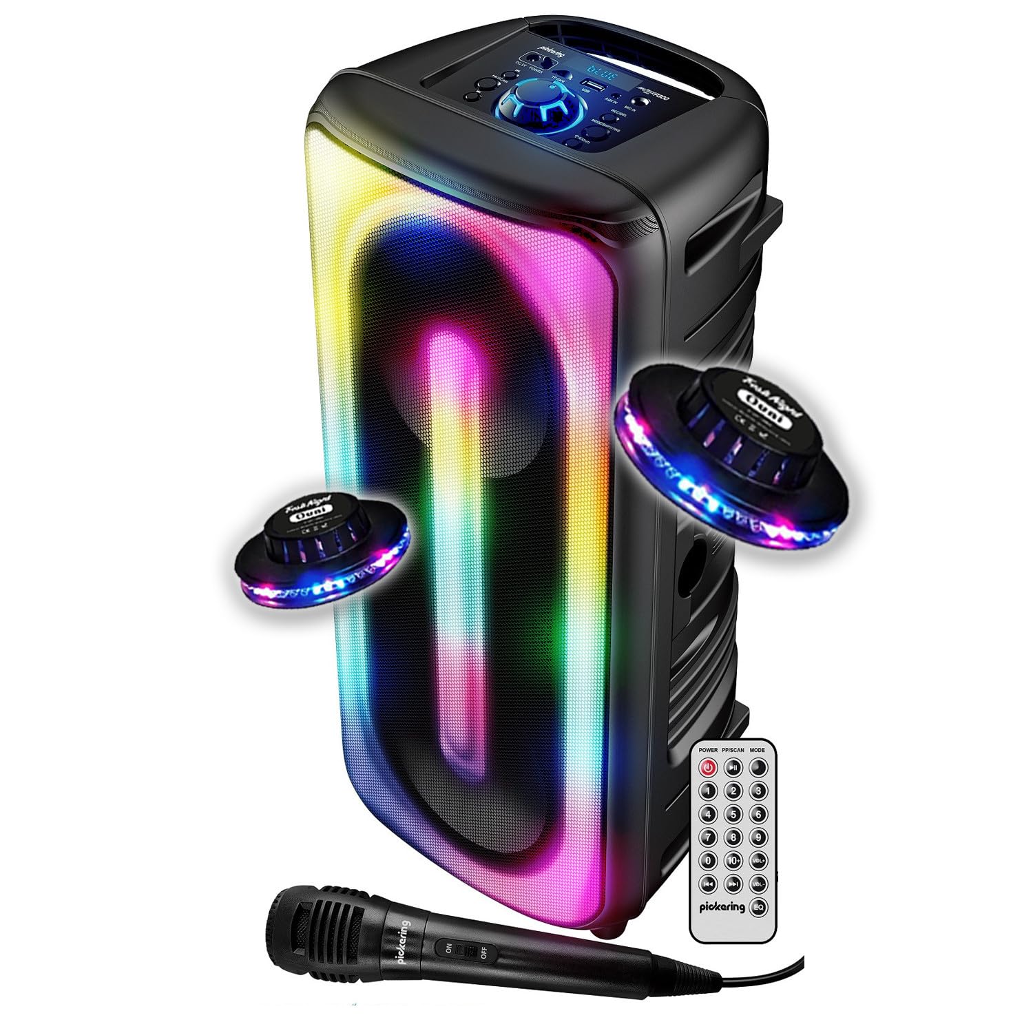 Pickering Enceinte Sono DJ Autonome 300W Bluetooth 5.0 Amplifiée TWS Rechargeable LED Microphone USB MicroSD Noir, Jeux OVNI LED