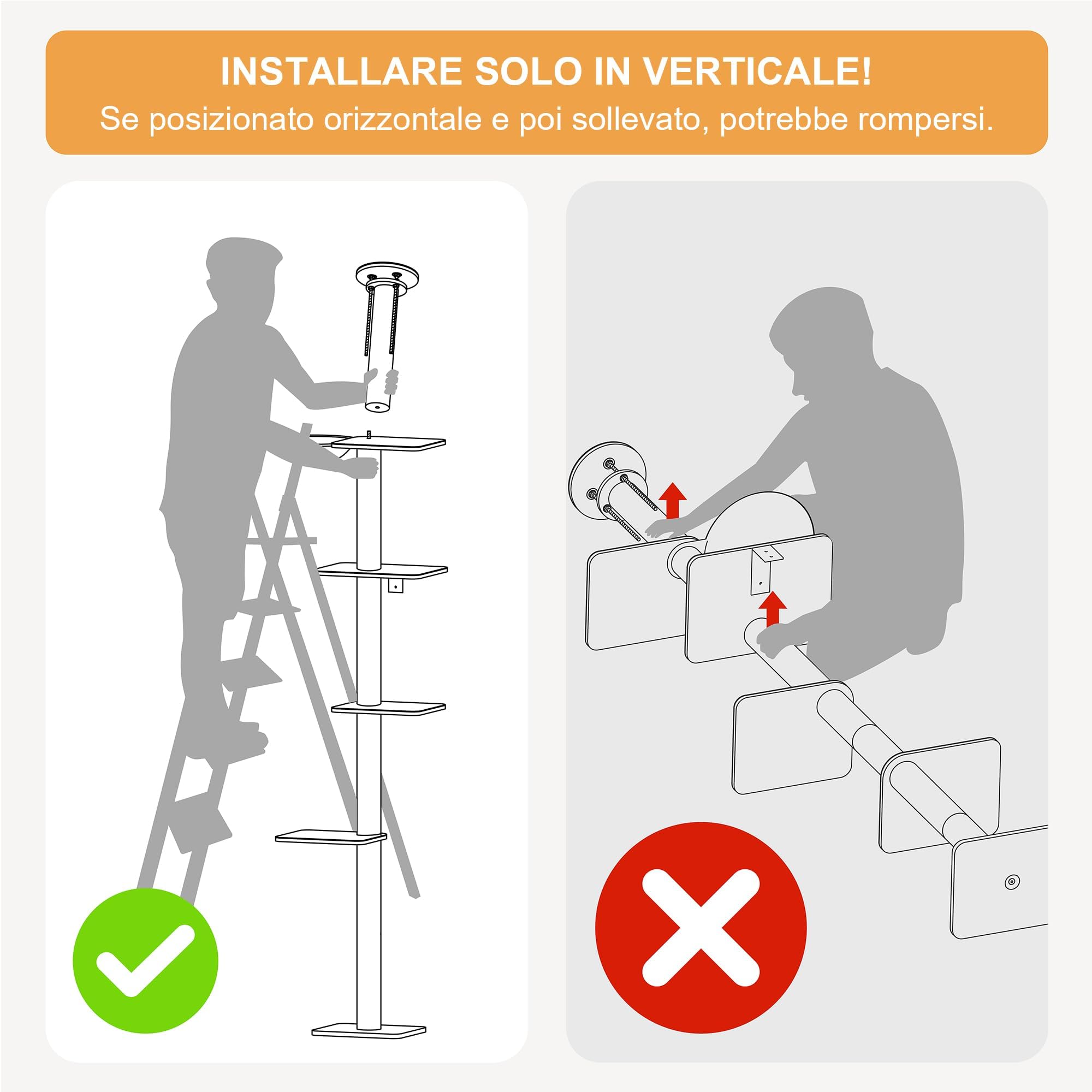 FUKUMARU Torre Tiragraffi per Gatti da Parete, Altezza Regolabile (205-270cm),Tiragraffi da Arrampicata al Soffitto a 4 Livelli, Albero con Colonna Tiragraffi di Sisal, Mensola e Amaca per Gatti