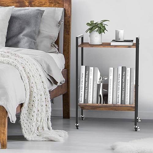 Miniatura 8 de YBING Soporte para tocadiscos de 2 niveles con estante de almacenamiento para álbumes, soporte para tocadiscos con marco de metal y ruedas, color