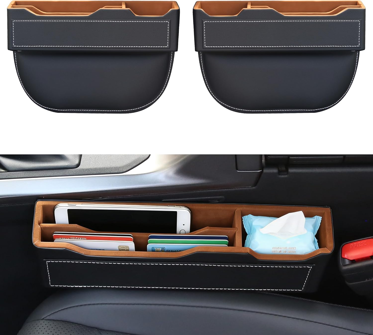 2-Pack Black Obsidian Car Seat Gap Filler - Premium Leather Wrapped Wood Organizer with Flocked Finish Universal Fit for Car SUV Truck Anti-Drop Console Side Storage Interior Accessories