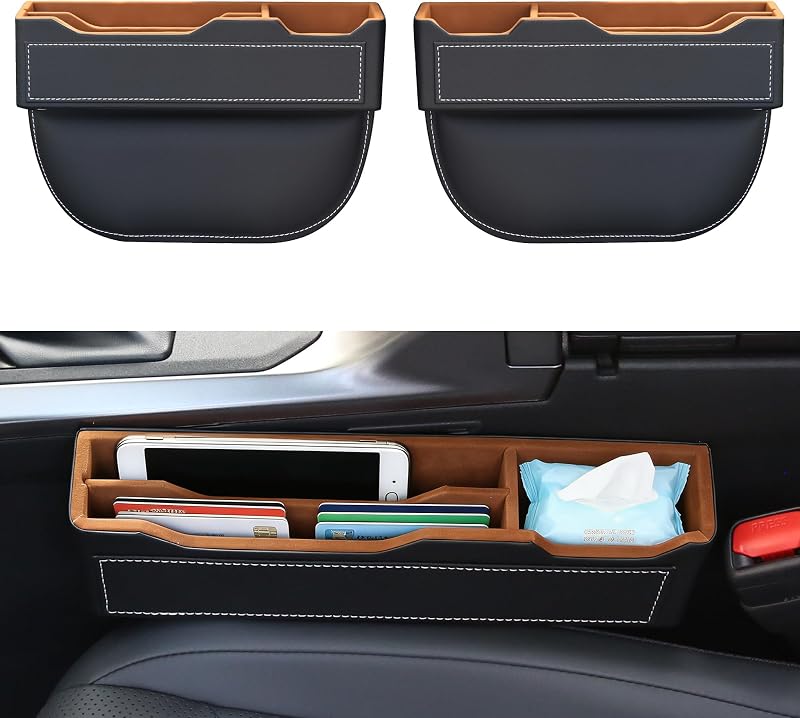 2PC Black Obsidian Car Seat Gap Filler for Car SUV Pickup Truck | Premium Leather Wrapped Wood Organizer with Flocked Finish Anti-Drop Console Side Storage Interior Accessories