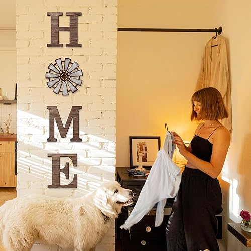 Miniatura 5 de VGICH Decoración de pared para el hogar, letreros rústicos con molino de viento de madera para sala de estar, juego de 4 letras decorativas de