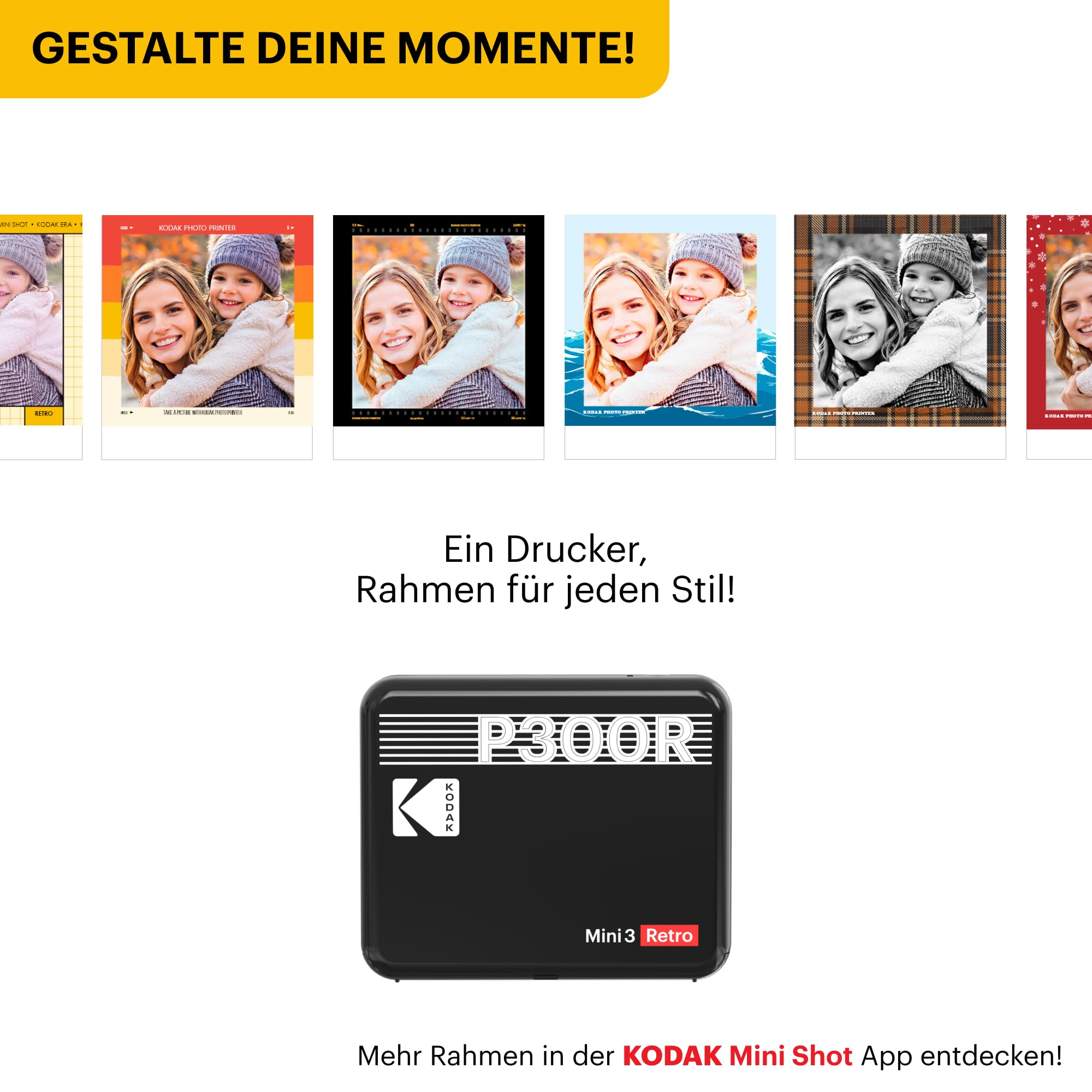 KODAK Mini 3 Retro Tragbarer Fotodrucker, 7,6 x 7,6 cm, Bluetooth, 4PASS-Farbsublimation, Weiß