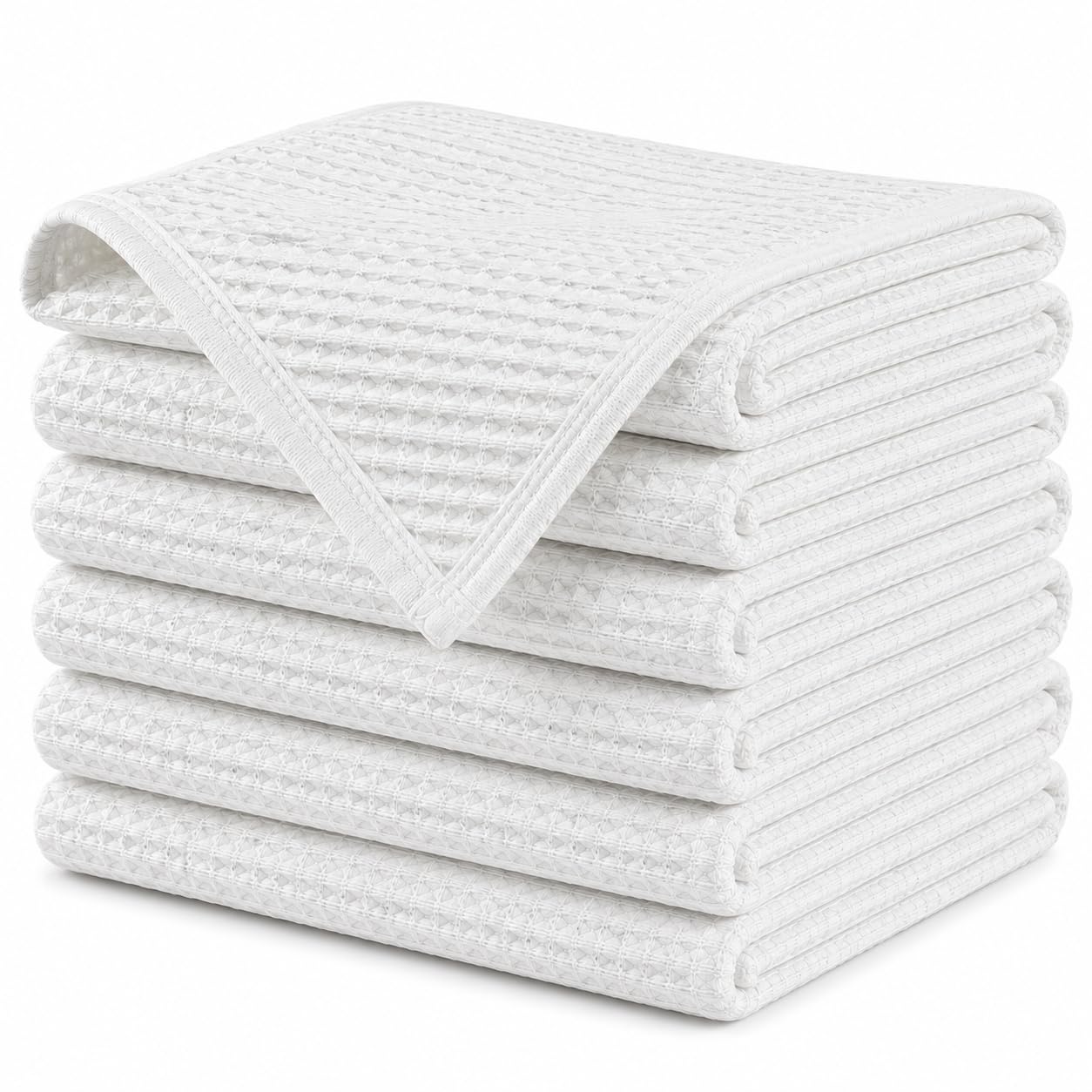 K Collection Premium Waffle Tea Towels 45 x 65cm - Highly Absorbent Quick Dry - Catering Bar Towel with Hanging Loop (White - 6 Pack)