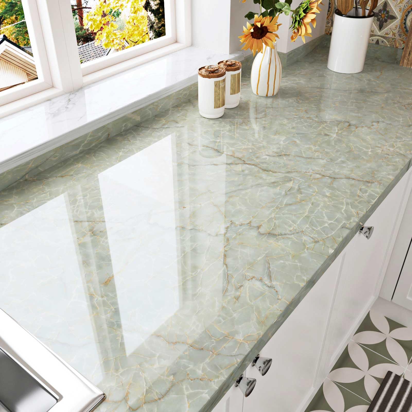 Hotdecor Green Marble Wallpaper Peel And Stick 60Cm X 300Cm Worktop Vinyl Covering Marble Sticky Back Plastic Washable Kitchen Wallpaper Self Adhesive Removable Contact Paper Vinyl Wrap For Furniture