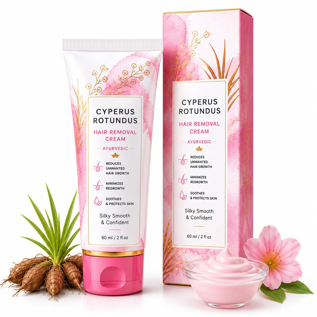 cyperus rotundus hair removal cream for women – ayurvedic herbal cream for body & face hair removal, smooth skin & slower regrowth support – gentle formula for sensitive skin – 60ml