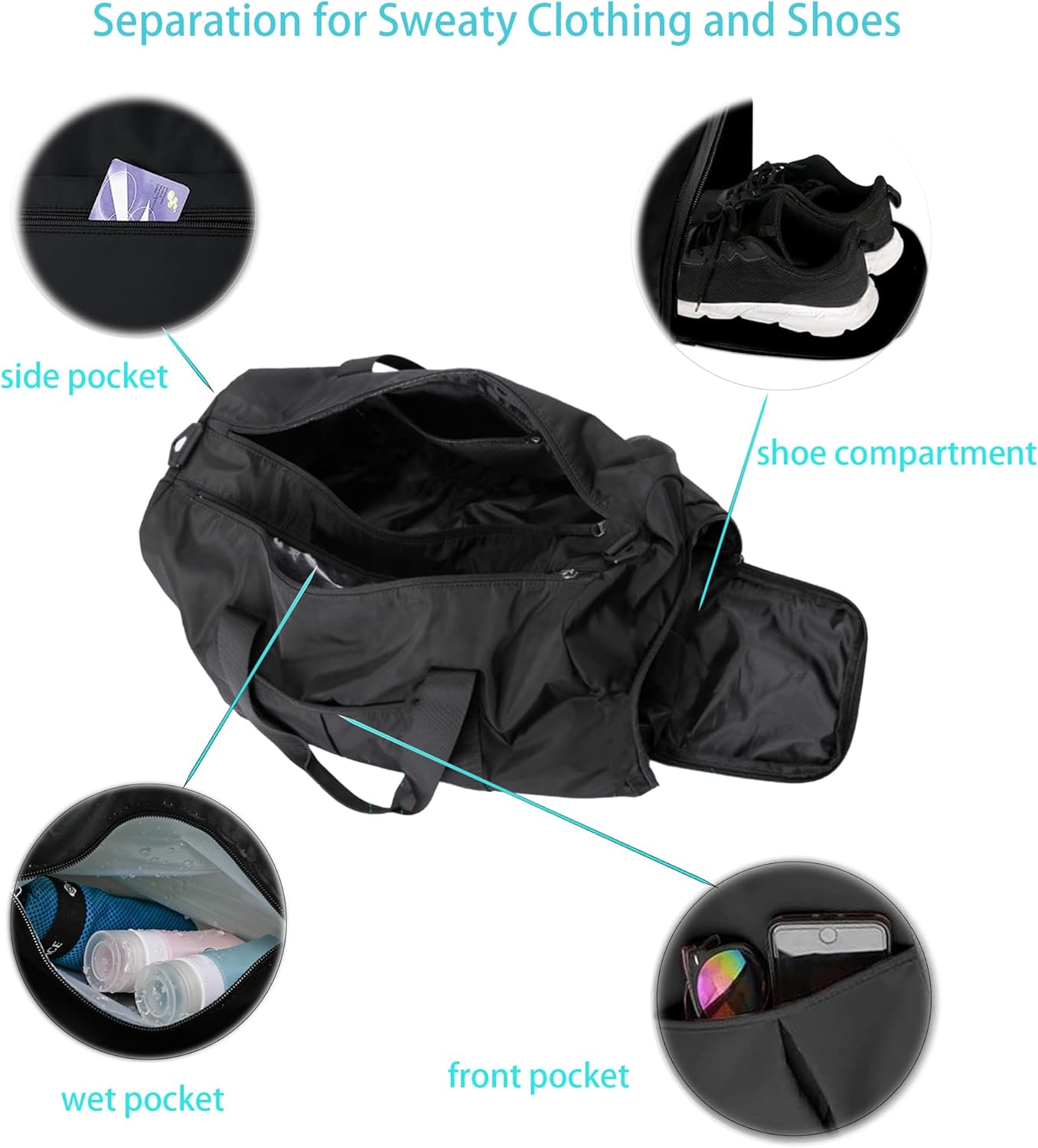 Gym Bag for Men Women with Separation for Wet and Dry, Shoe Storage, Waterproof Travel Duffle Bag for Gym, Swimming, Yoga, Sports (Black) - Image 3