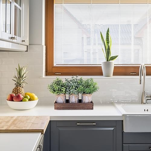 Miniatura 6 de Juego de 3 mini arreglos de plantas en maceta, plantas de romero, eucalipto, boj sintético, en macetas rústicas de metal galvanizado con caja de