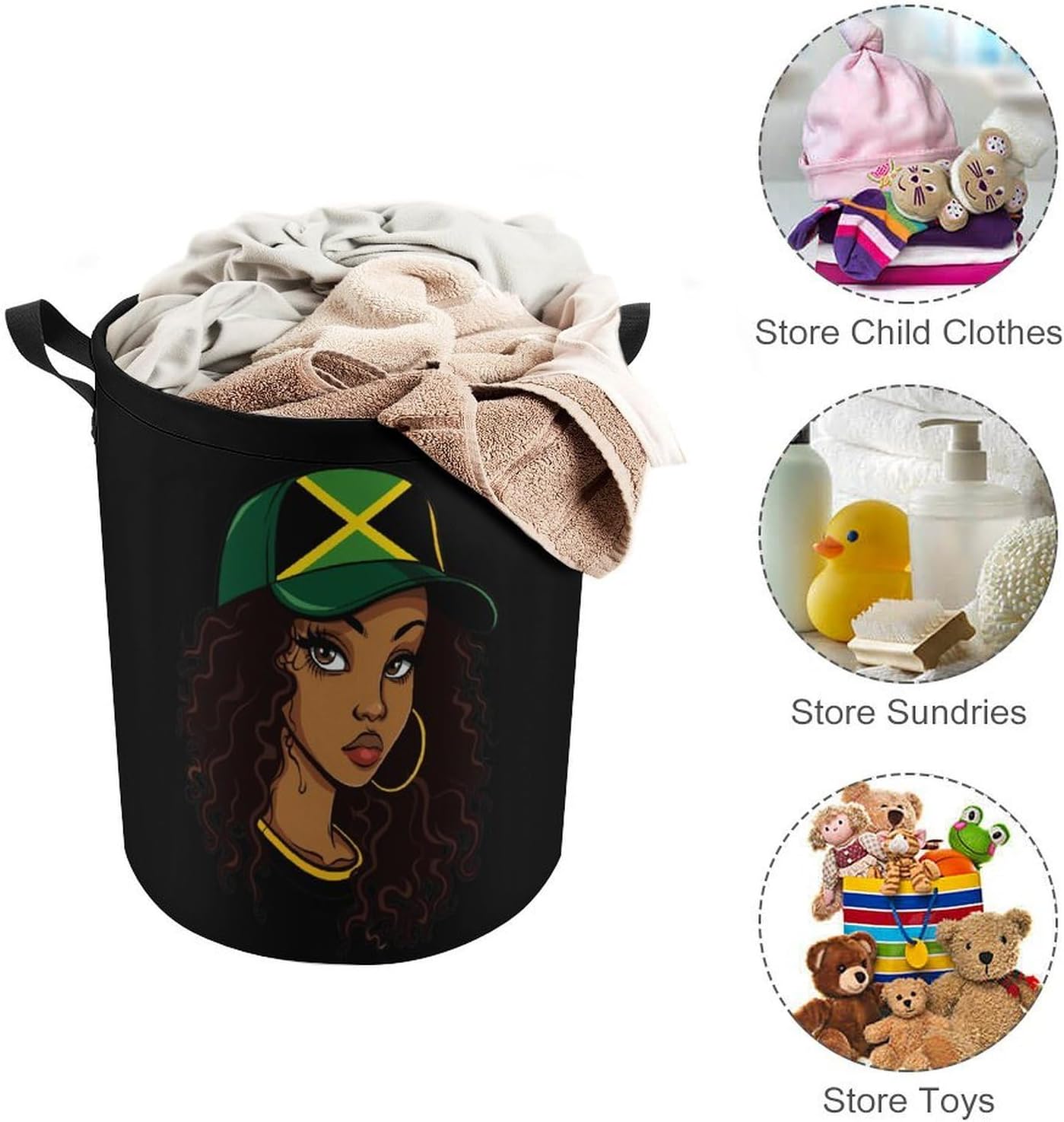 Jamaican Black Women Laundry Basket Dirty Clothes Hamper Storage Laundry Bag with Handles for Dorm Room 44x35cm