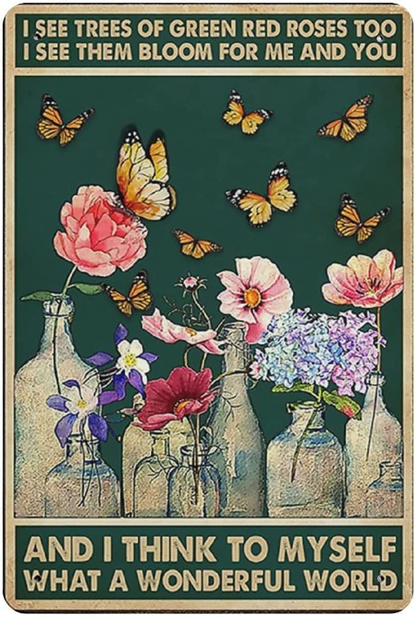 Easter Decor Tin Sign Dragonfly and Flower What A Wonderful World tin Sign, I See Trees of Green Red Roses Too Metal Tin Sign Decor 8x12 Inch