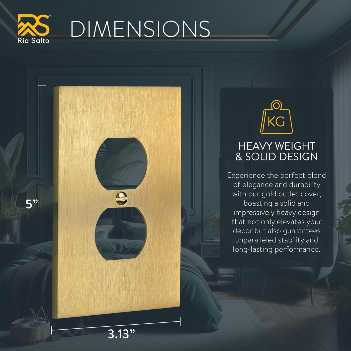 Rio Salto Outlet Covers Duplex Brushed Brass Gold Light Switch Cover Plate Electrical Outlet Cover Receptacle Wall Plate 1 Gang Heavy Metal Decorative — Forge Collection, 5.00" X 3.13"