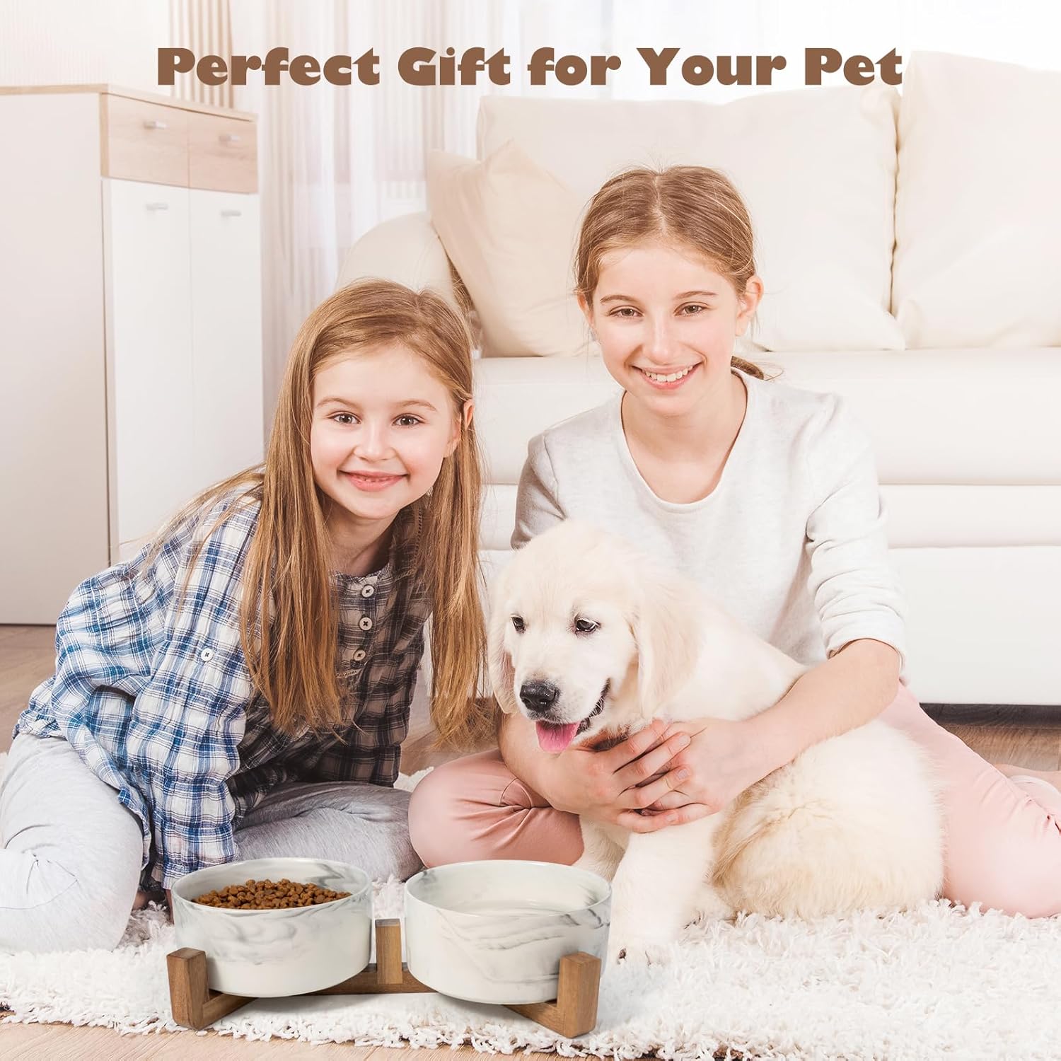 Dog Bowls Set with Wood Stand, 3.6-Cup Ceramic Pet Bowls for Medium Dogs, Weighted Food Water Bowl Set for Dog and Cat