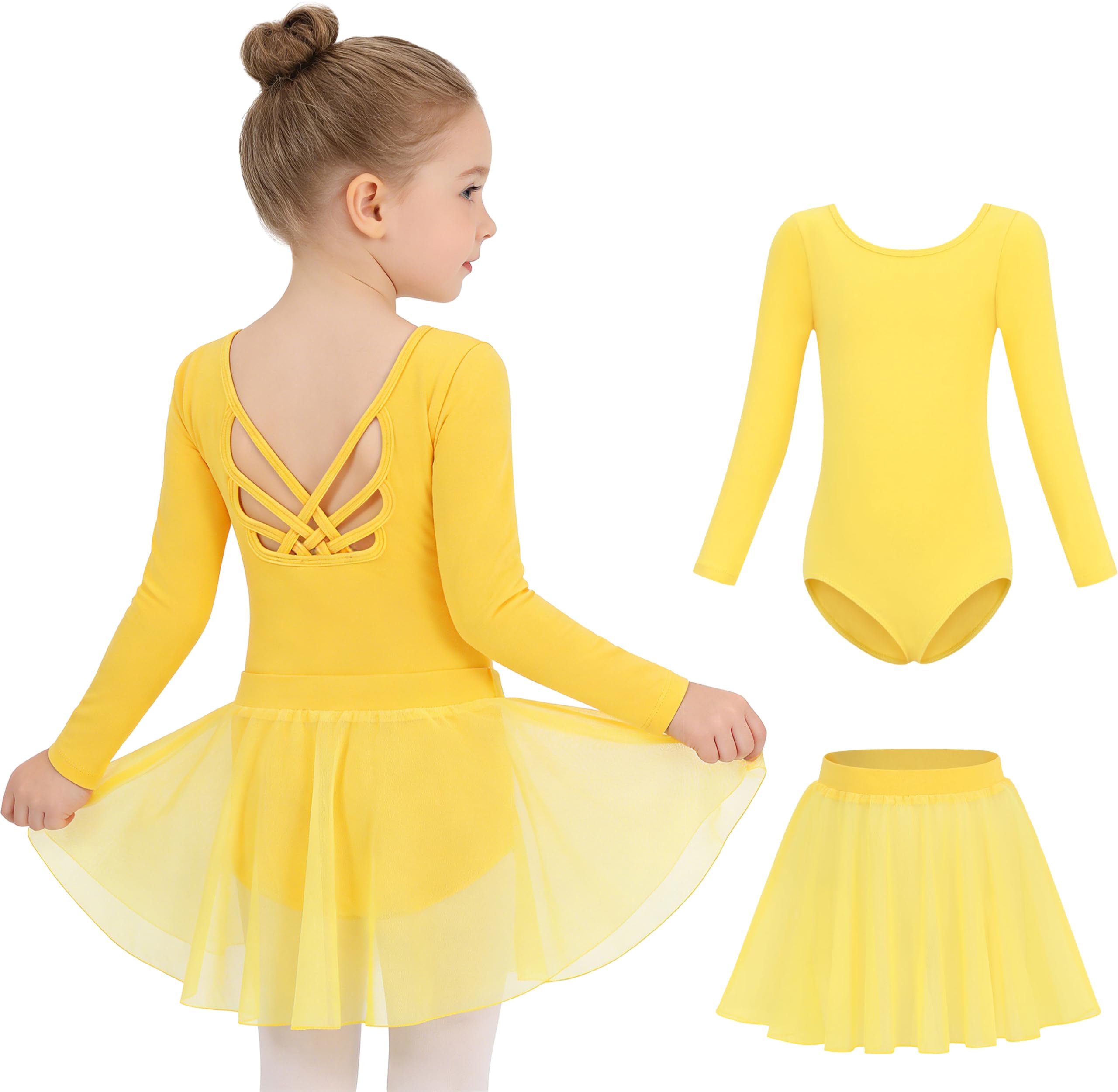MdnMd Long Sleeve Dance Ballet Leotards for Girls Toddler Skirt Combo Ballerina Dresses Outfit Hollow Knot Back