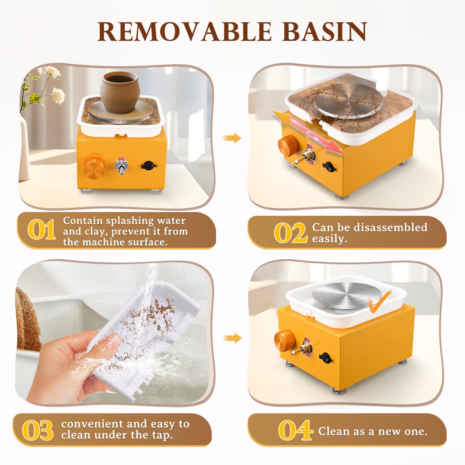 Tour de Potier, Kooeuru Tour Poterie 2000 tr/min Vitesse Réglable avec Plaques de 10/6,5 cm, Outils de Façonnage et Bassin Amovible, Tour Potier Poterie Enfant et Adultes (Jaune)