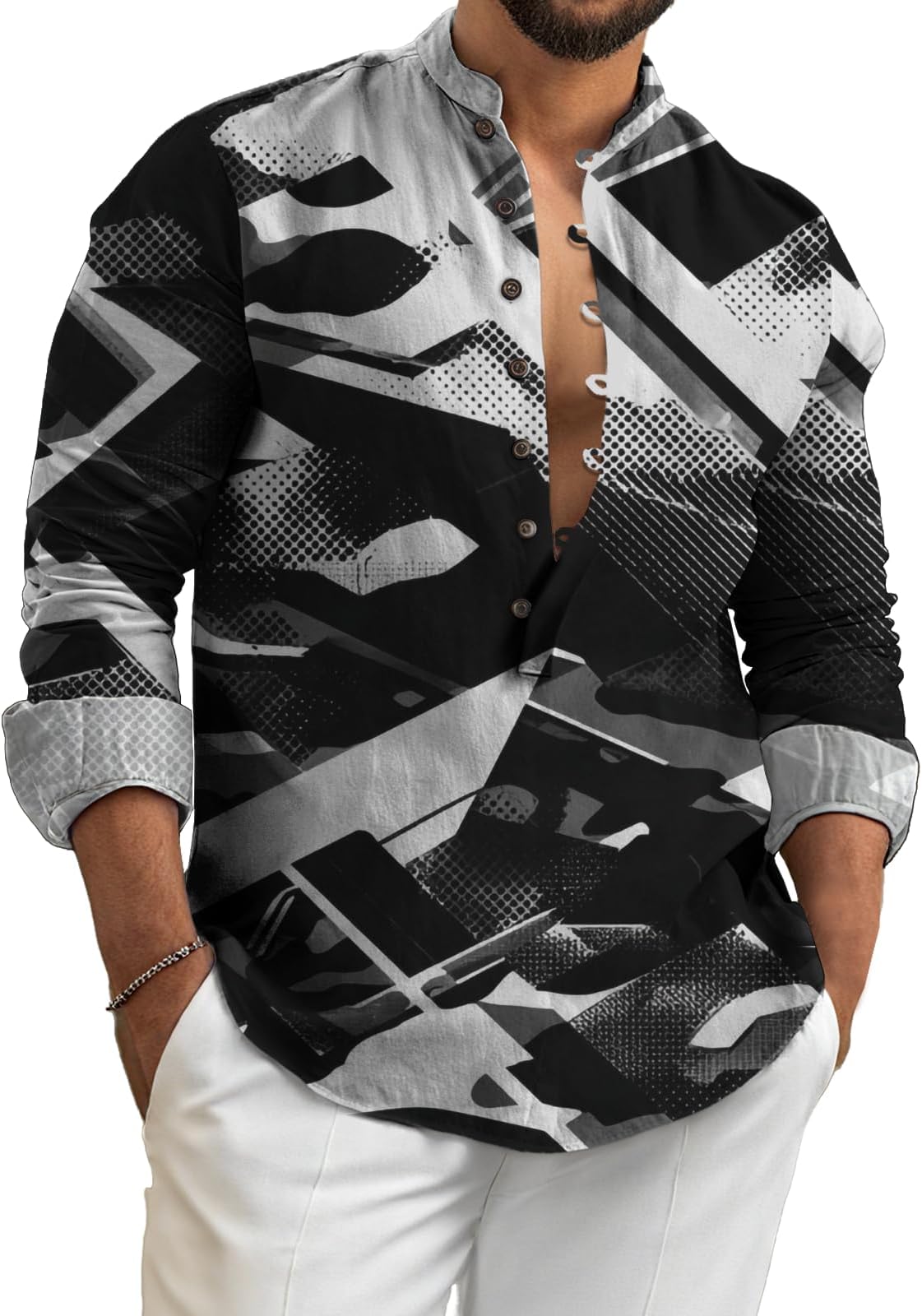 - Causal Summer Shirts for Men Oversized Long Sleeve Pullover Tops Western Fashion Basic Half Button 2025