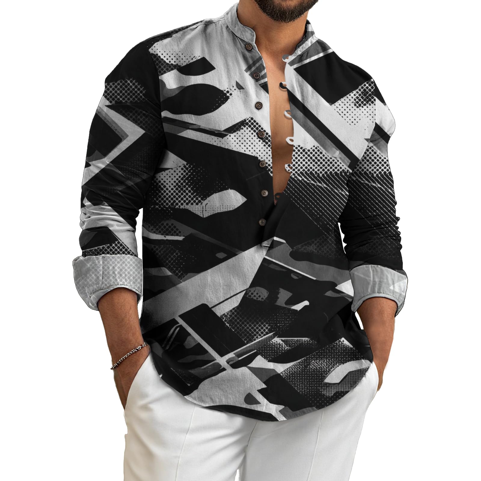 - Causal Summer Shirts for Men Oversized Long Sleeve Pullover Tops Western Fashion Basic Half Button 2025