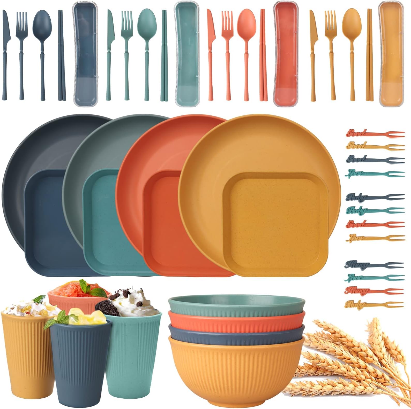 – 48pcs Unbreakable Dinnerware Sets for 4 People, Camping Plates and Bowls Set, Plastic Picnic Dinner Sets, Lightweight Colorful BBQ Plastic Serving Plates, Bowls, Cups,Cutlery Set, Forks,Tableware