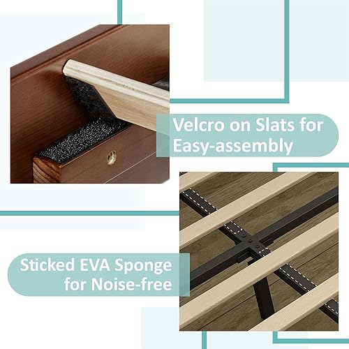 Miniatura 5 de Base de cama de madera maciza de 14 pulgadas con cabecero, plataforma de estilo mediados de siglo con soporte de listones de madera, no necesita