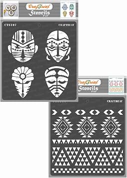 CrafTreat Reusable Tribal Stencils for Painting on Wood, Wall, Tile, Canvas, Paper, Fabric and Floor - Congo Face and Aztec Borders - 2 Pcs - 6x6 Inches Each - DIY Art and Craft Stencils