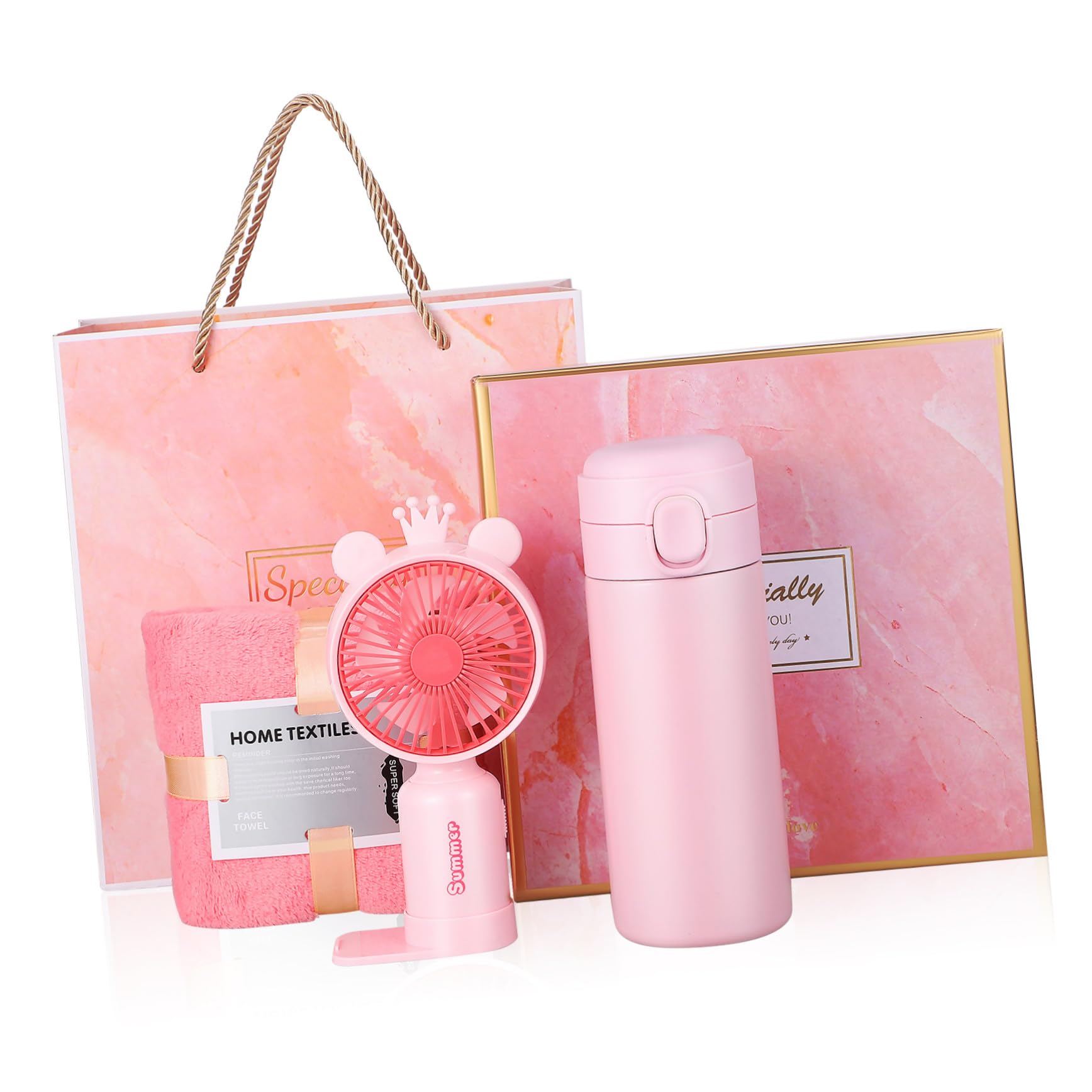 LABRIMP Care Package Kit z Termicznym Kubkiem Ręcznikiem i Wentylatorem Ręcznym Praktyczny Prezent Urodziny i Otwarcie Elegancki Kosz Upominkowy dla Kobiet Podróże i Święta