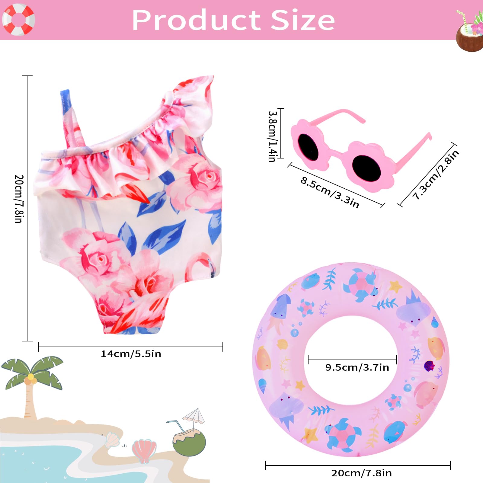 Set da Nuoto per Bambole con Costume da Bagno per Bambole, Occhiali da Sole Bambola Rosa, Anello per Il Nuoto Bambolotto, Costumi da Bagno per Bambole 35-45 cm, Accessori per Bambole (A)