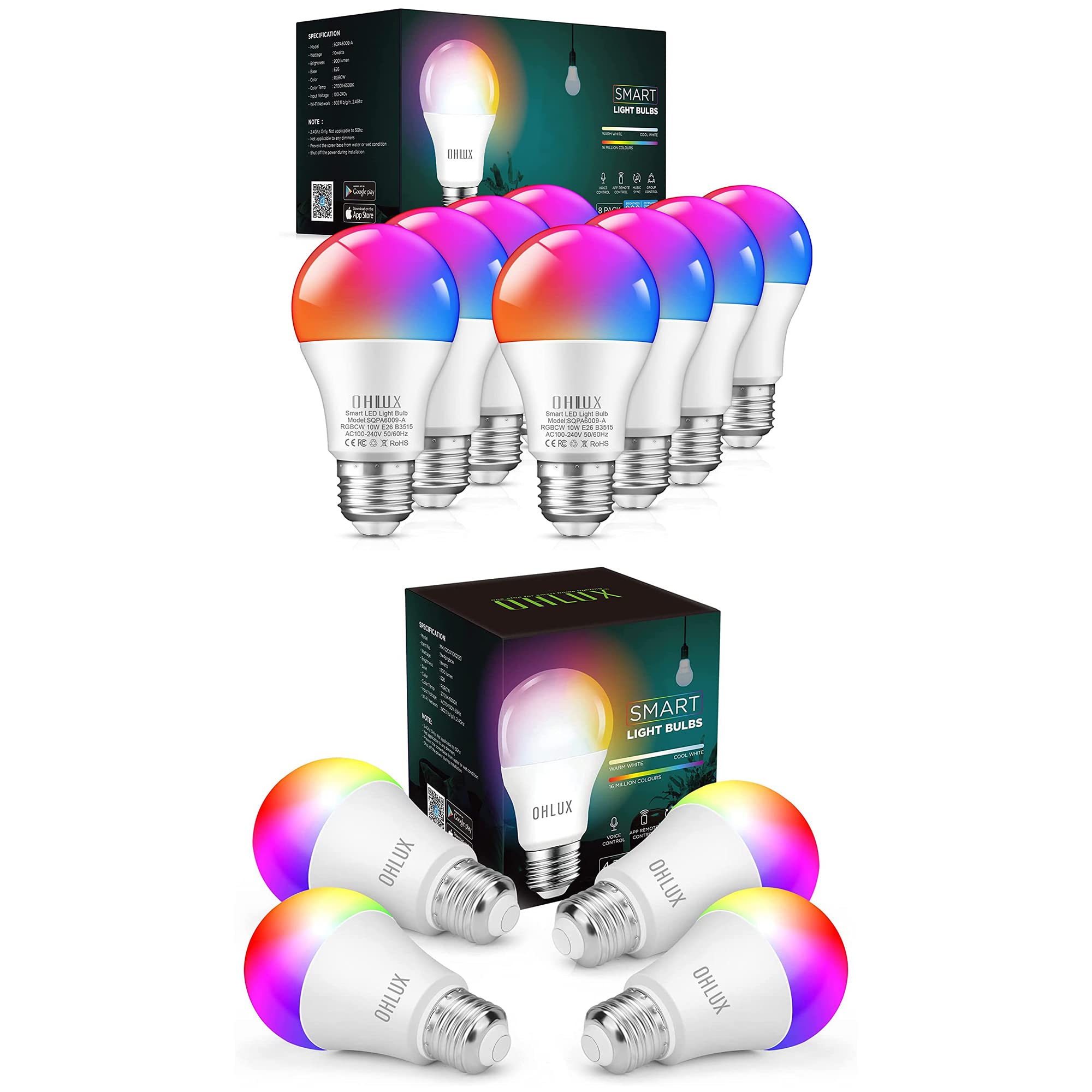 OHLUX Smart LED Bulbs – 4-Pack, 10W A19 Wi-Fi & Bluetooth, Color-Changing RGB, 16 Million Colors, Dimmable, Works With Alexa & Google Home, Music Sync