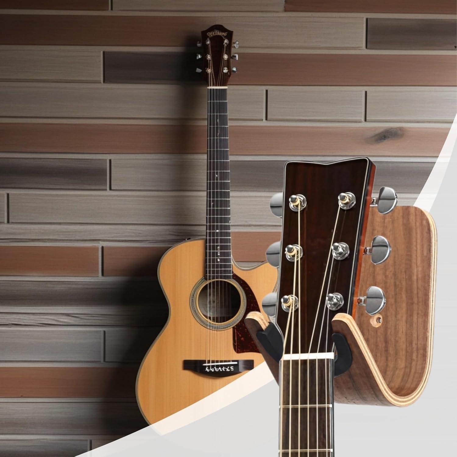 Wall-Mounted Guitar Holder, Wooden Rack With Silicone Cradle, Adhesive Or Screws Installation