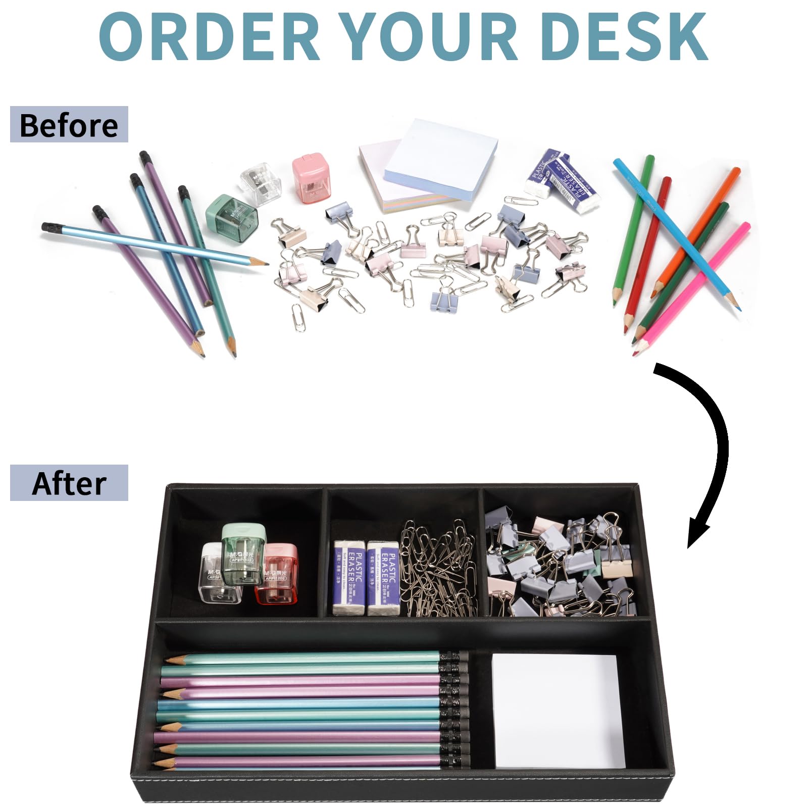 Ablage Tablett, Leder Valet Tablett Büro Schreibtisch Organizer Nachttisch Organizer, Taschenleerer Organizer Herren Accessoires für Münzen, Schreibwaren, Schmuck,Schlüssel,Uhr (Schwarz)