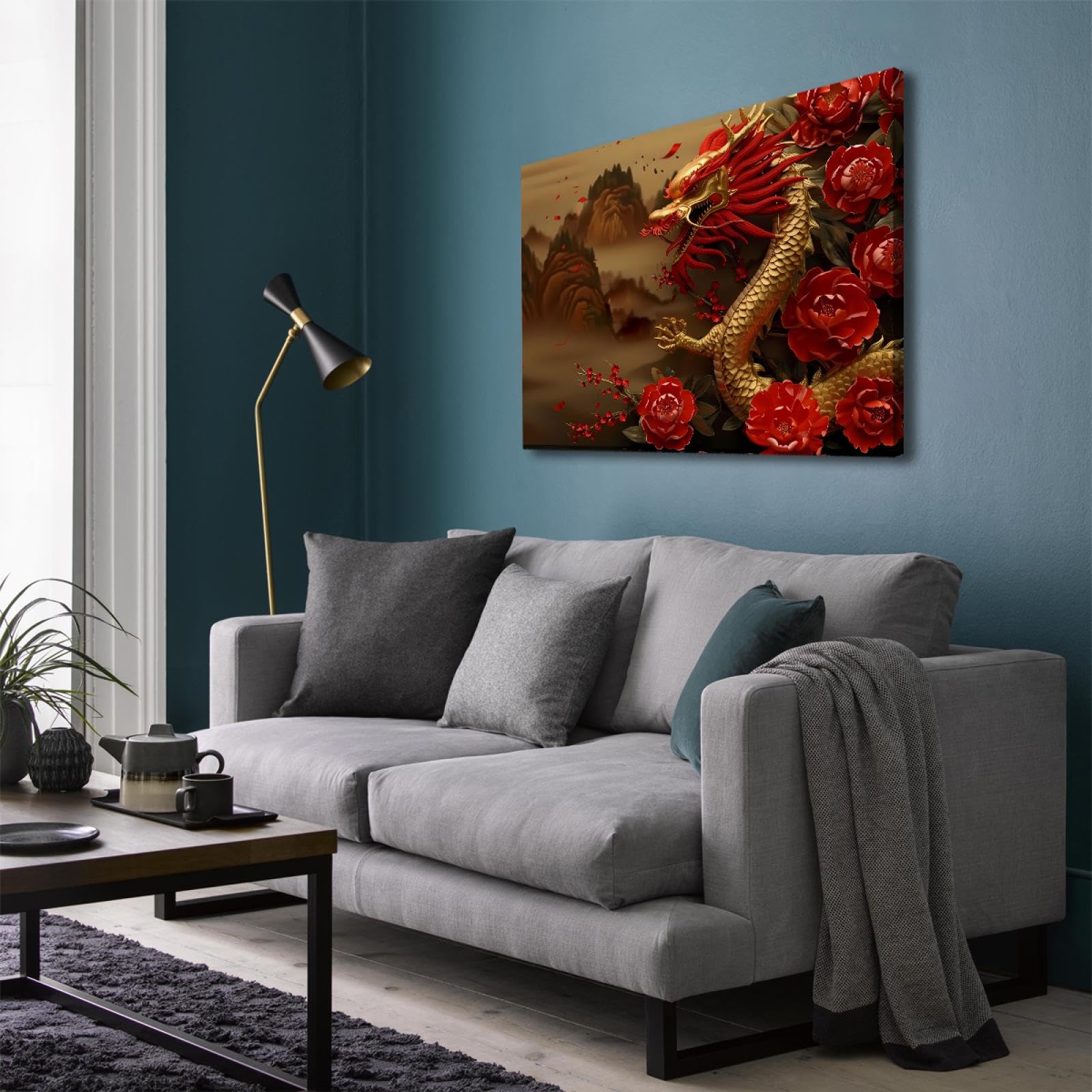 UIRINGART Pivoine rouge peinture sur toile impression dragon chinois motif affiches Art mural décor pour chambre salon salle à manger couloir bureau 60x80cm Cadre intérieur