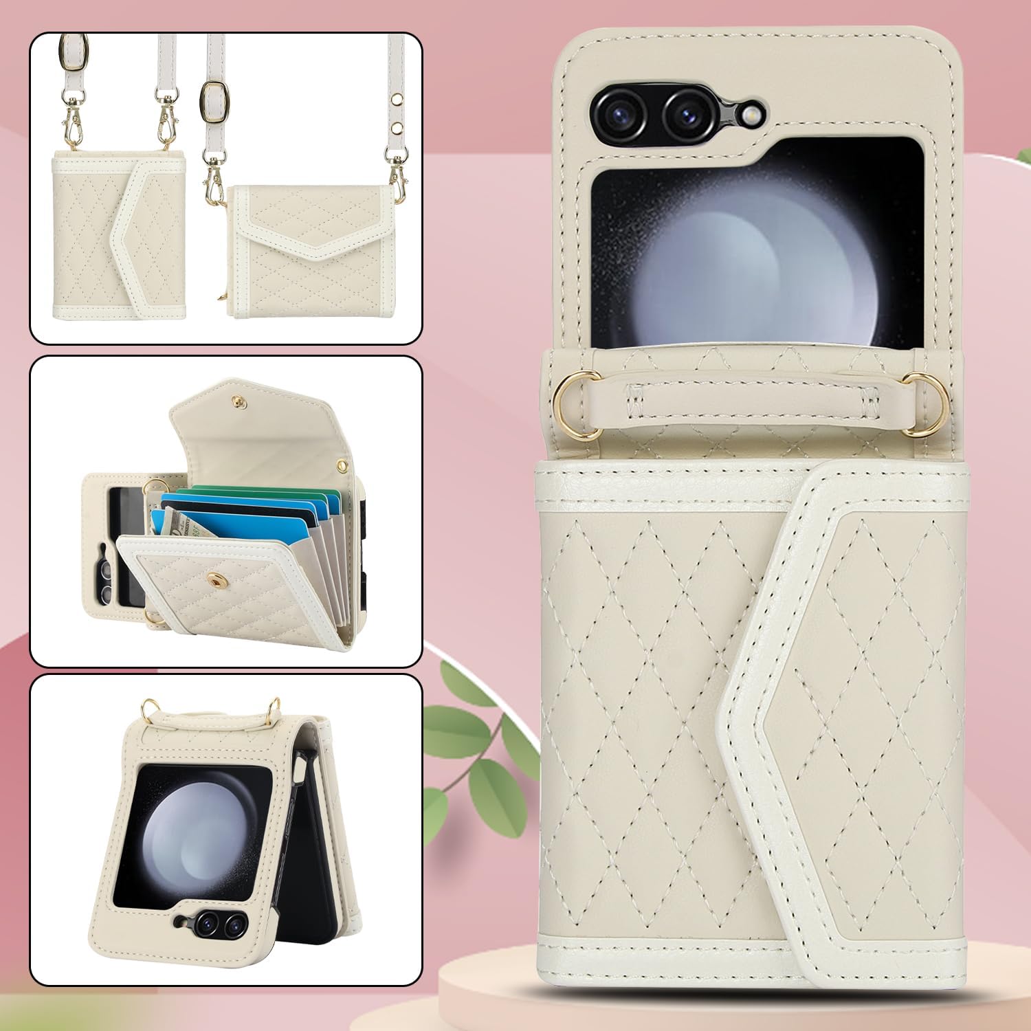 Asuwish Phone Case for Samsung Galaxy Z Flip 5 5G 2023 Wallet Cell Cover with RFID Blocking Credit Card Holder Slot Shoulder Crossbody Strap Mobile Stand ZFlip5 Z5 G Flip5 5Z Women Men Girls Off White