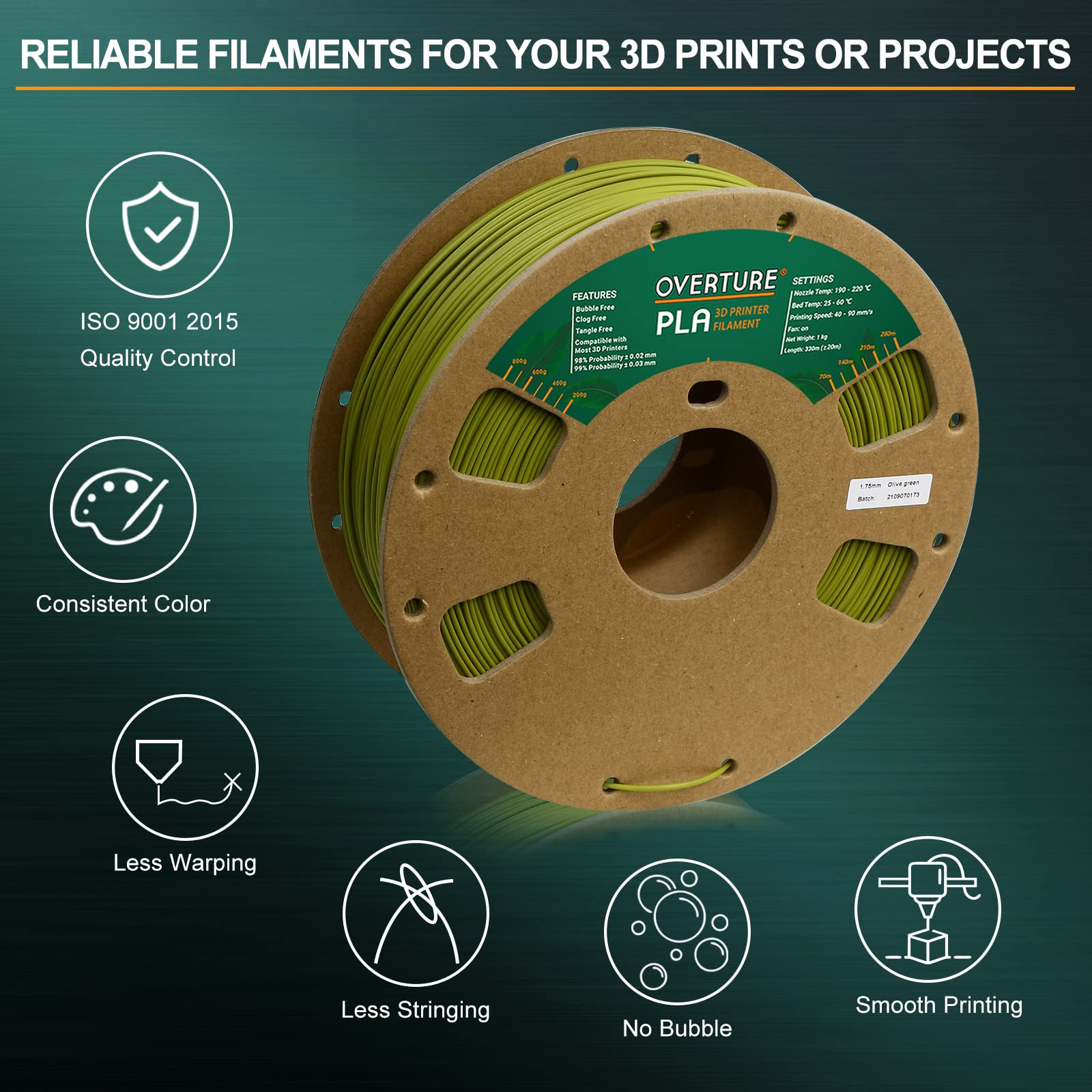 OVERTURE Filamento PLA 1.75mm, 1kg Bobina(2.2lbs), Precisione Dimensionale +/- 0.03 mm, per Stampante 3D (Verde Oliva)