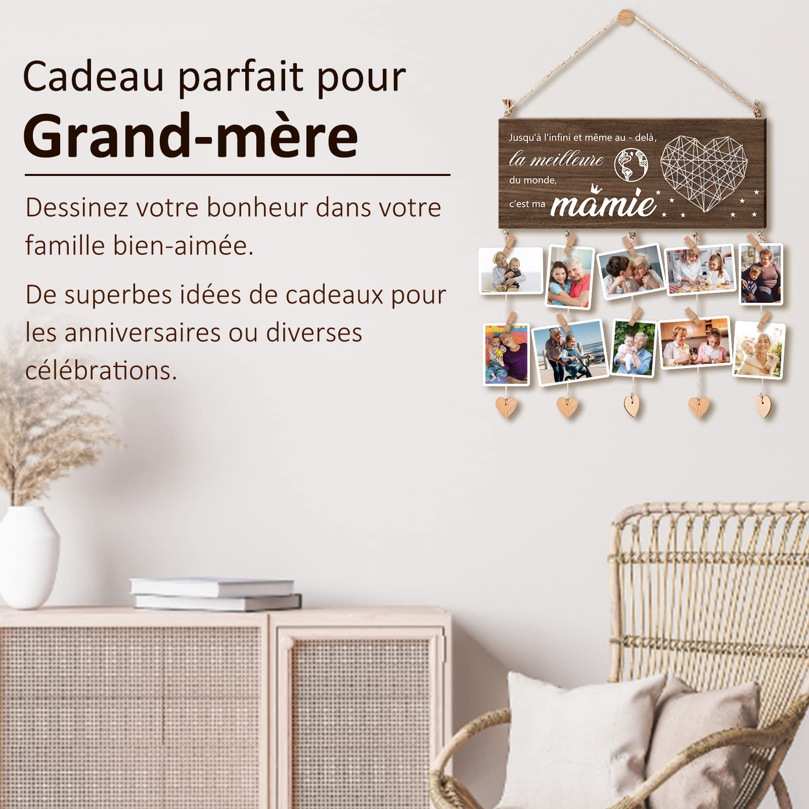 Cadre Photo Mural Cœur Pour Mamie - Jusqu'à L'Infini Et Au-Delà, La Meilleure Grand-Mère Du Monde - 10 Clips + Citation Touchante - Cadeau Anniversaire, Fête Des Grands-Mères Ou Noël Idéal
