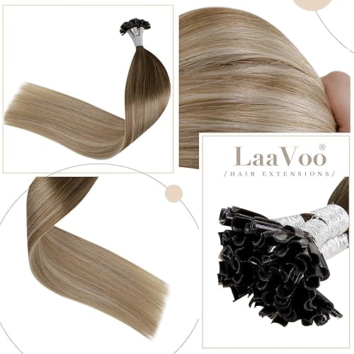 Miniatura 7 de LaaVoo Extensiones de cabello humano de fusión, color marrón, balayage, rubio, queratina, extensiones de cabello humano real, 22 en 1.76 oz, 50s