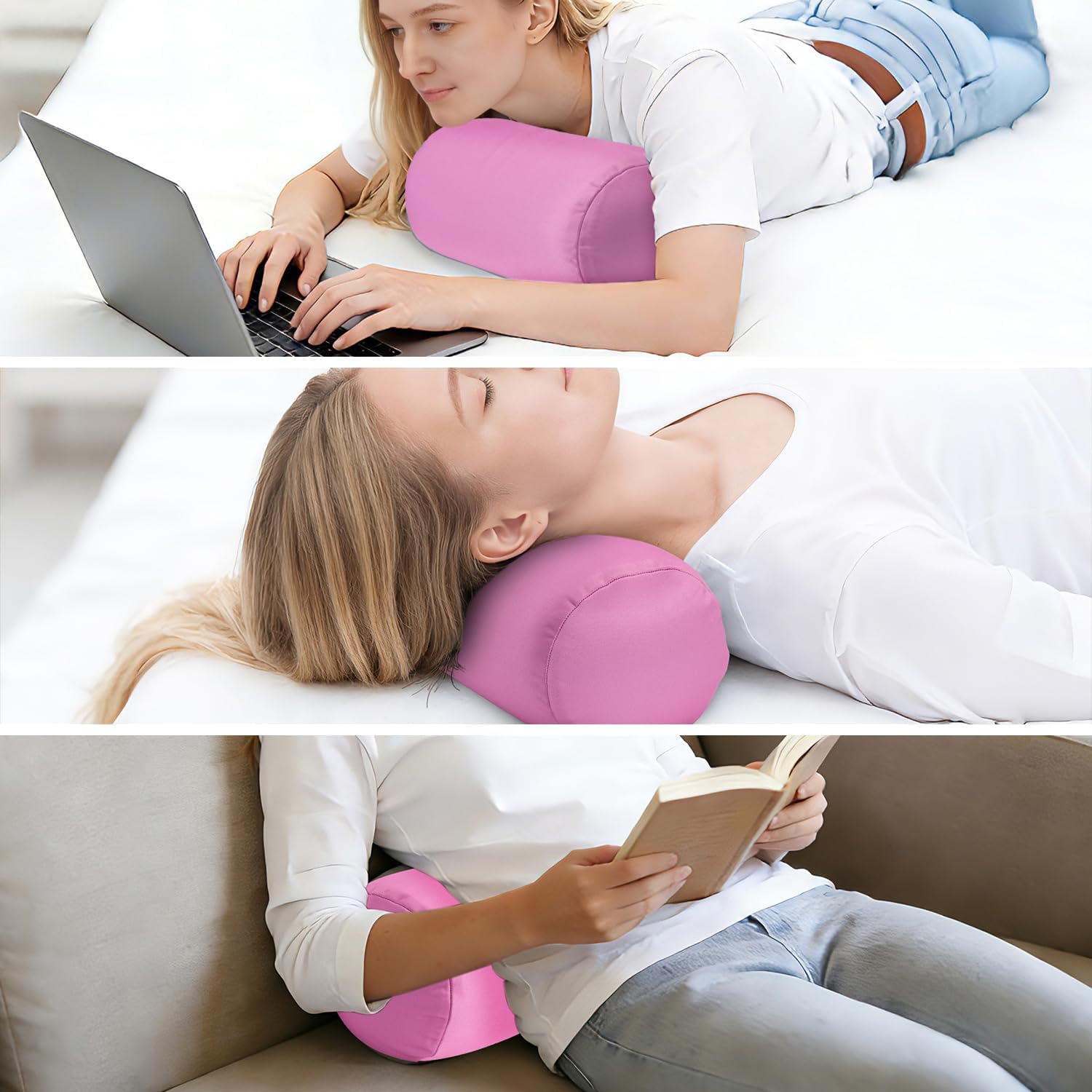 Microbead Bolster Tube Pillows with Double Cover，Squish Bean Bed Microbead Pillow Soft Neck Back Lumbar Support Smooth Cool Touch Comfortable Fabric (Purple)