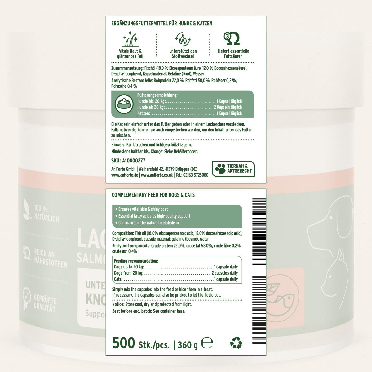 AniForte Omega 3 Lachsöl Kapseln für Hunde & Katzen 500 Stück – wertvolles Omega-3 Fischöl & Vitamine für Stoffwechsel, Knochenaufbau & glänzendes Fell